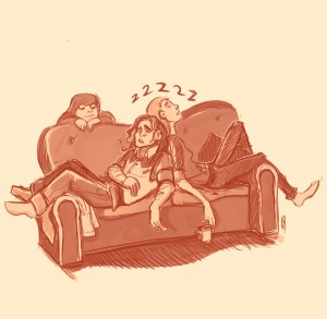 Tova, Lorentz and Merleva! Lorentz and Merleva are exhausted after a hard day's work and Tova looks over her parents while they sleep! Drawn 2014.